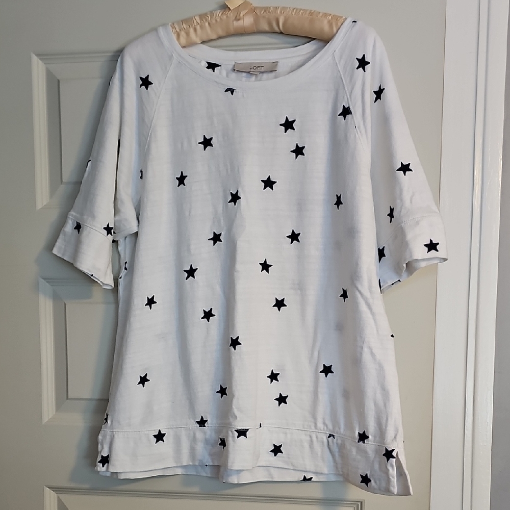 LOFT White Tunic Top with Navy Blue Star Pattern